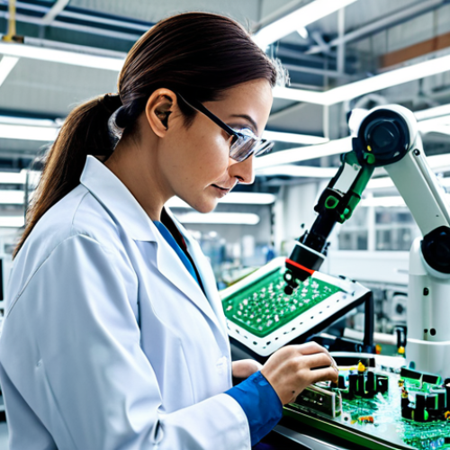 Home 20 **
A female engineer in a modern, brightly lit factory, wearing a clean lab coat and safety glasses, fully clothed, examining a complex circuit board. Background includes robotic arms and automated machinery. Professional, safe for work, appropriate content, perfect anatomy, correct proportions, well-formed hands, professional photography, high quality.
**