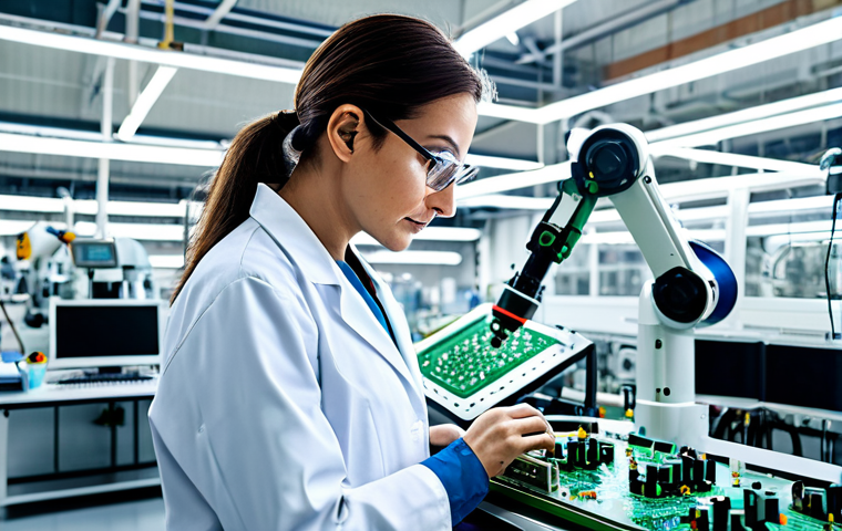 **
A female engineer in a modern, brightly lit factory, wearing a clean lab coat and safety glasses, fully clothed, examining a complex circuit board. Background includes robotic arms and automated machinery. Professional, safe for work, appropriate content, perfect anatomy, correct proportions, well-formed hands, professional photography, high quality.
**