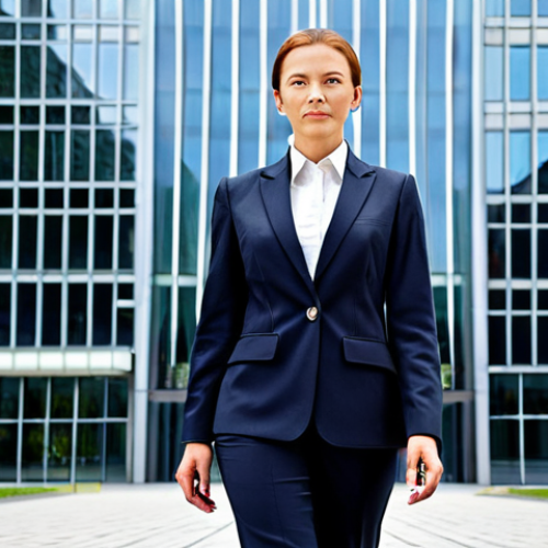 Home 11 Modern Businesswoman**
"A confident businesswoman in a stylish, fully clothed business suit (Hosenanzug), standing in front of a modern office building in Frankfurt, Germany. Professional attire, safe for work, appropriate content, perfect anatomy, natural proportions, professional photography, high quality. Modest and empowering."
**