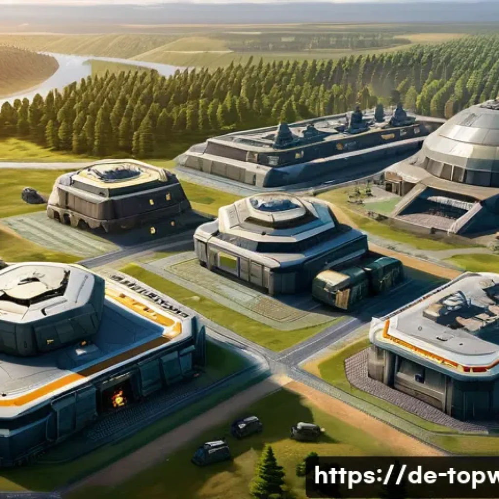 top war 최고점 공략법 - A detailed futuristic military base layout showcasing strategic building placements in a lush green ...