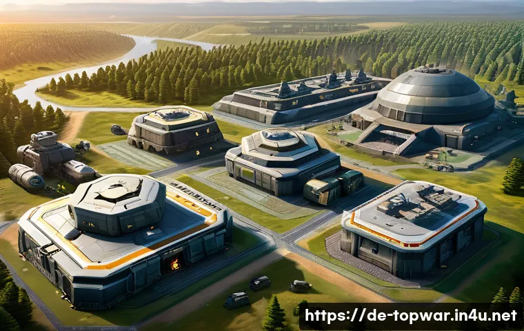 top war 최고점 공략법 - A detailed futuristic military base layout showcasing strategic building placements in a lush green ...
