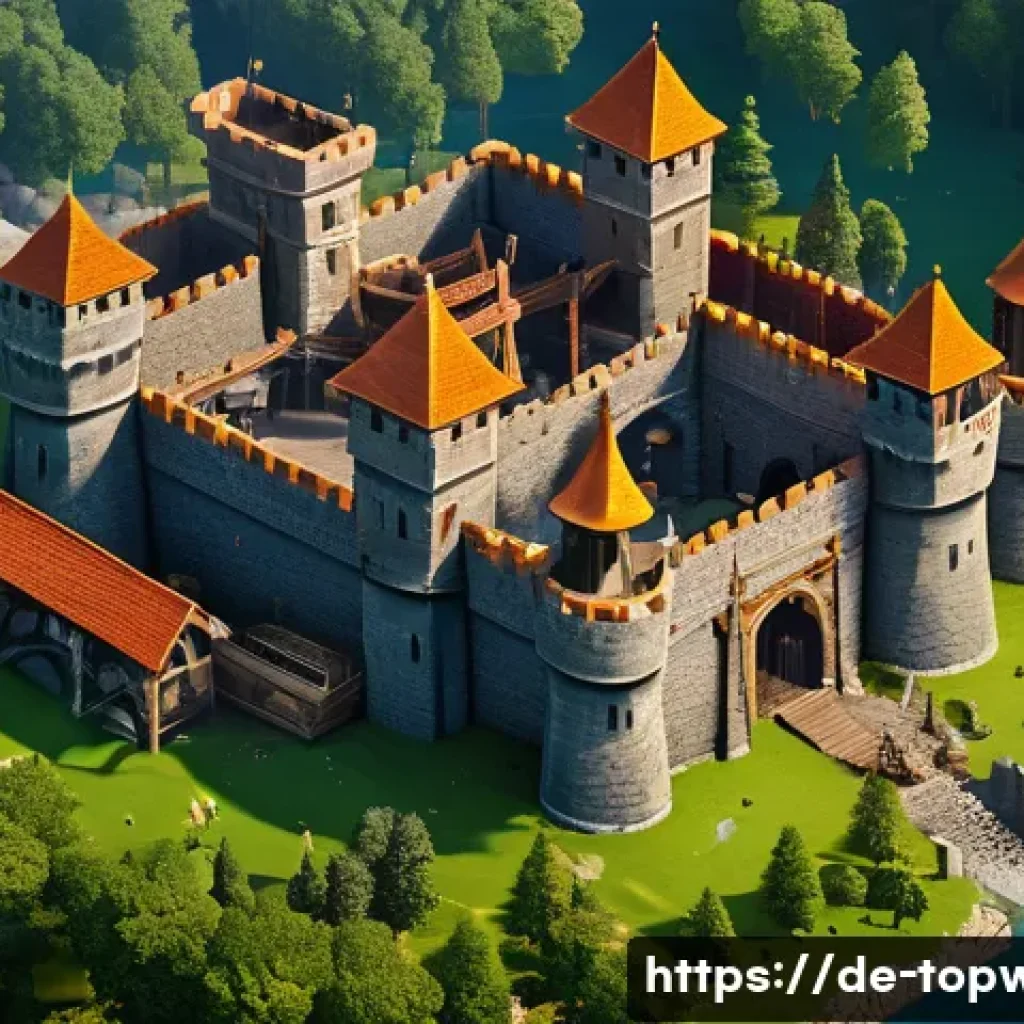top war 무과금 플레이 방법 - A detailed, vibrant strategy game base layout showcasing a well-organized medieval-style fortress wi...