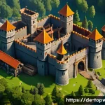 top war 무과금 플레이 방법 - A detailed, vibrant strategy game base layout showcasing a well-organized medieval-style fortress wi...