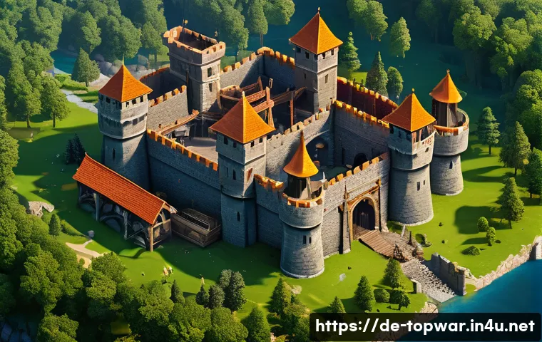 top war 무과금 플레이 방법 - A detailed, vibrant strategy game base layout showcasing a well-organized medieval-style fortress wi...