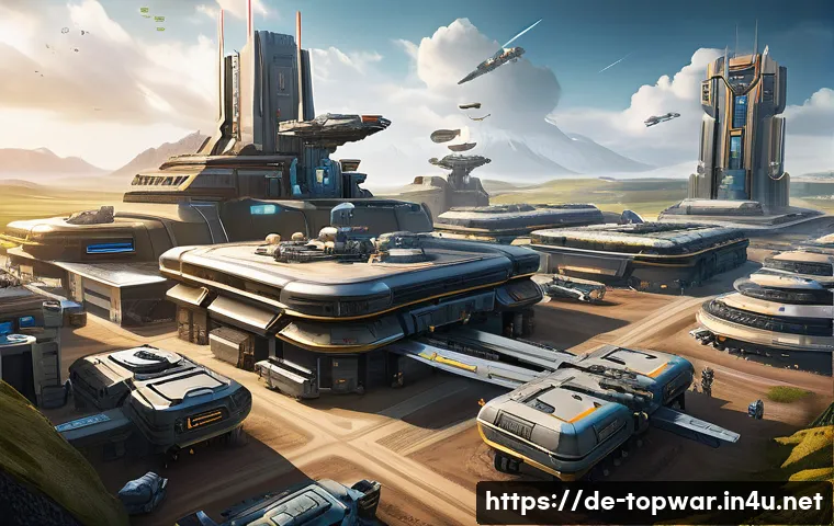top war 유저 리뷰 및 평가 - A highly detailed scene of a futuristic military base under strategic development, showing interconn...
