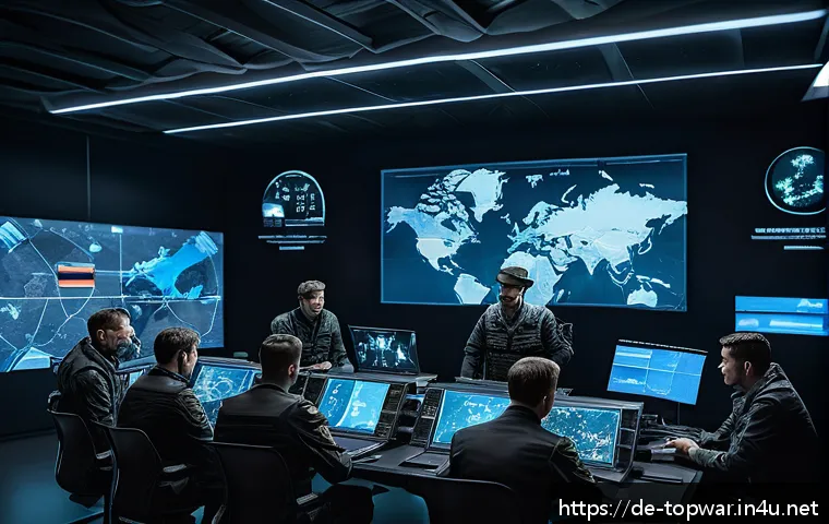 top war 게임 코칭 서비스 - A detailed strategic war room scene featuring a diverse group of German players around a large digit...