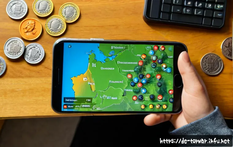 top war 수집 아이템 활용법 - Photorealistic overhead view of a German strategy game enthusiast organizing collectible game tokens...