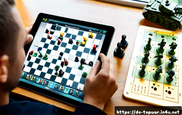 top war 상위 랭커 전략 분석 - Photorealistic overhead view of a focused German strategy gamer at a clean modern desk, studying a t...