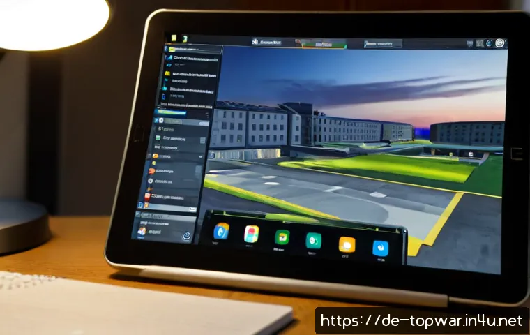 top war 병영 레벨 업 우선순위 - Photorealistic strategic mobile gaming workspace, a German adult gamer seen from behind at a clean d...